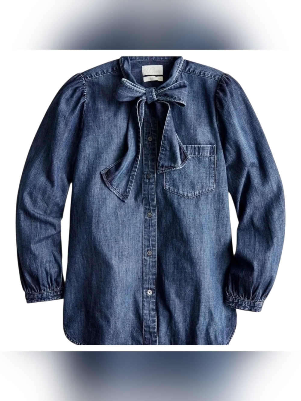 J.Crew Chambray Tie Neck Shirt Womens Size 4 Small Blue Denim Puff Sleeve Cotton